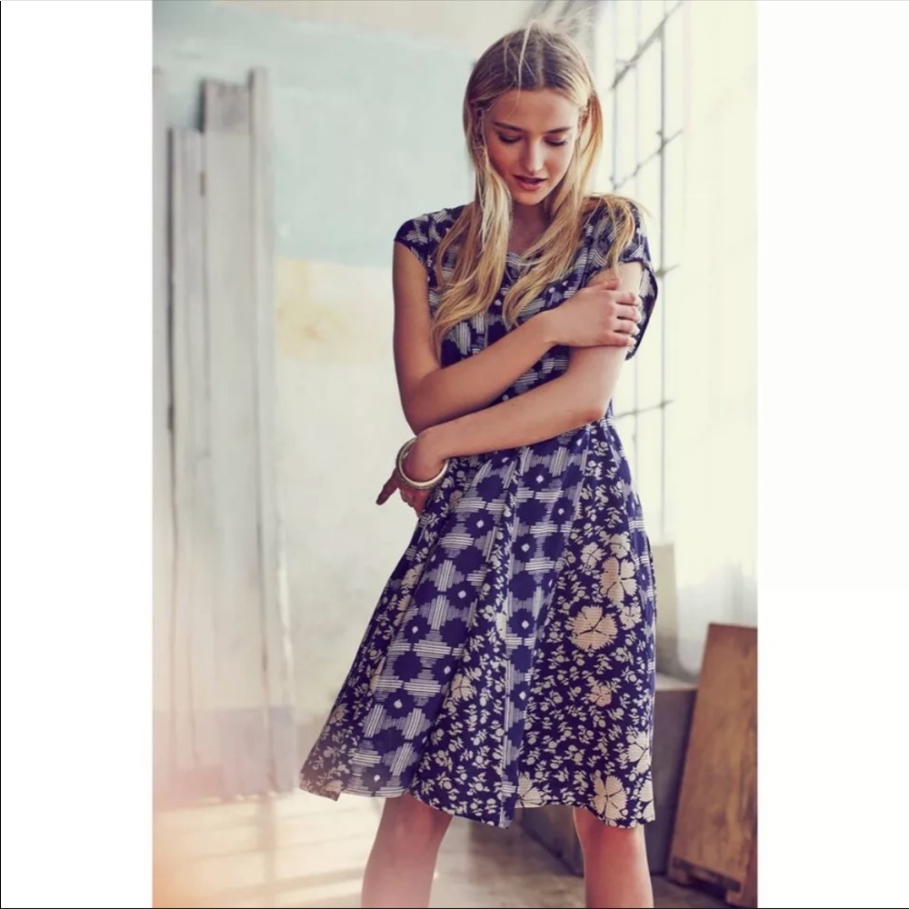 Anthropologie Maeve Indigo Navy Floral Swing Dress